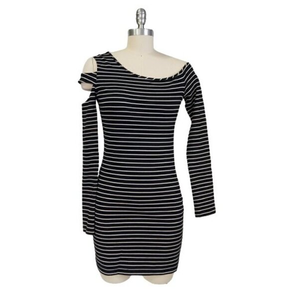 Torn Ronny Kobo Striped Cut Out Sleeve Dress Size S Cold Shoulder Black White - Picture 1 of 11